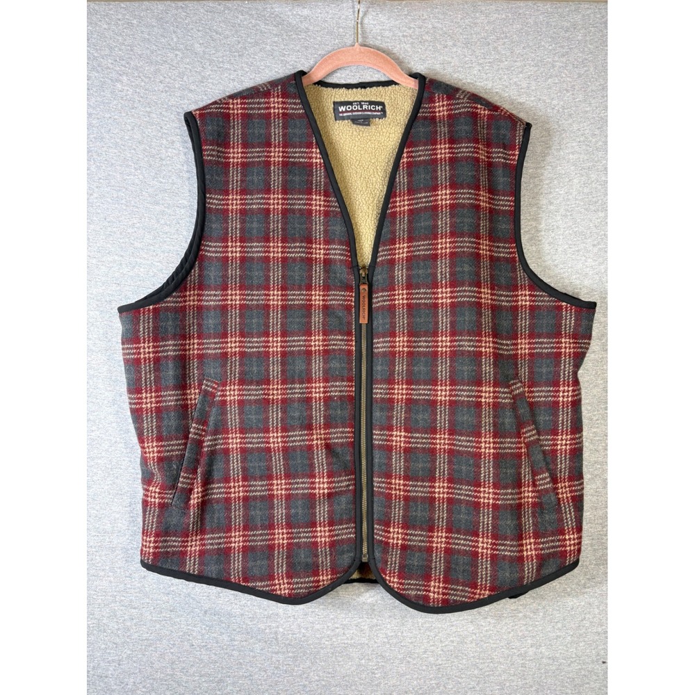 Woolrich Mens XL Merlot Ranch Plaid Wool Blend Sherpa Lined Full Zip Vest 412